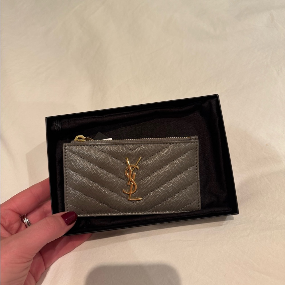 Small Saint Laurent (YSL) Zip Card Case in Quilted Leather